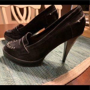 Black suede penny loafer pump